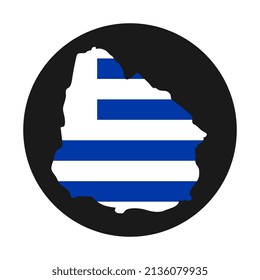 Silueta cartográfica uruguaya con bandera sobre fondo negro