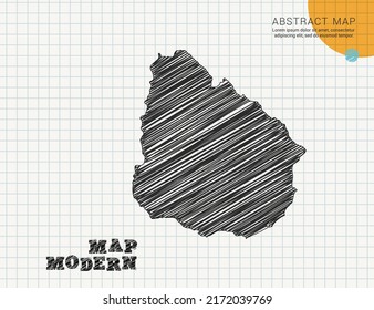 Uruguay map of vector black silhouette chaotic hand drawn scribble sketch on grid paper used for notes or decoration.