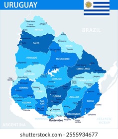 Uruguay Map Vector Blue Spot - Customizable layered political map of Uruguay with administrative divisions for website, education, reports, news, politics, print, poster and wallpaper