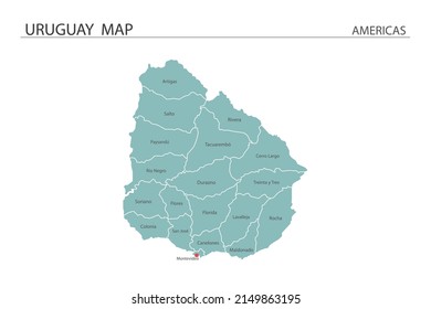 Uruguay map vector illustration on white background. Map have all province and mark the capital city of Uruguay. 