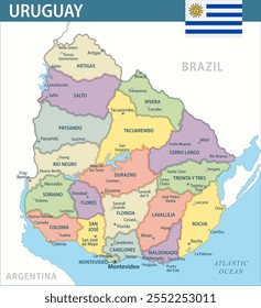 Uruguai Mapa Vetor Novo 2024 Colorido - Personalizável em camadas mapa político do Uruguai com divisões administrativas para site, educação, relatórios, notícias, política, impressão, cartaz e papel de parede