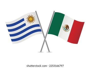 Uruguay and Mexico crossed flags. Uruguayan and Mexican flags on white background. Vector icon set. Vector illustration.