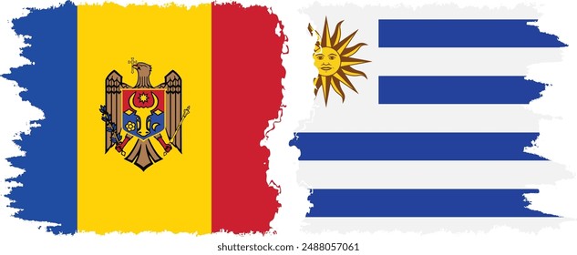 Uruguay and Moldova grunge flags connection, vector