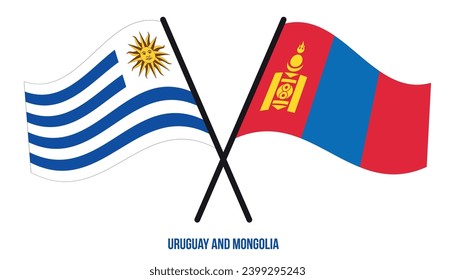 Uruguay and Mongolia Flags Crossed And Waving Flat Style. Official Proportion. Correct Colors
