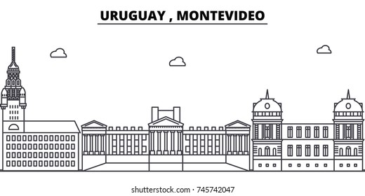 Uruguay , Montevideo architecture skyline buildings, silhouette, outline landscape, landmarks. Editable strokes. Urban skyline illustration. Flat design vector, line concept