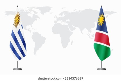 Uruguay and Namibia flags for official meeting against background of world map.