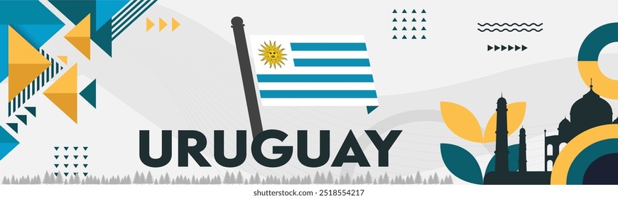 Anuncio del día nacional de Uruguay con fondo de bandera uruguaya y diseño moderno retro abstracto geométrico. Uruguayos. Ilustración vectorial de Juegos deportivos.