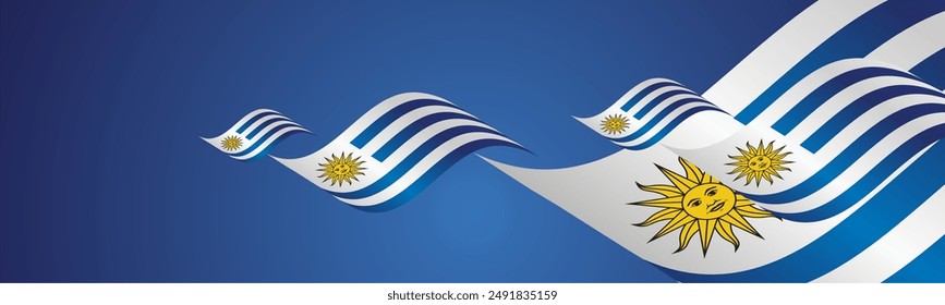 Uruguay National Day waving flags two fold blue landscape background