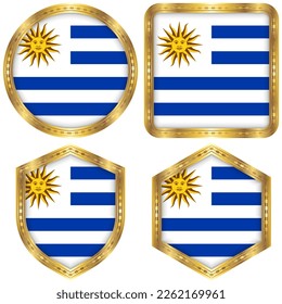 Uruguay National Flag Collection Set of Circular, Square, Shield, Hexagon Gold Border Logo Button Icon Vector Design Isolated on White Background