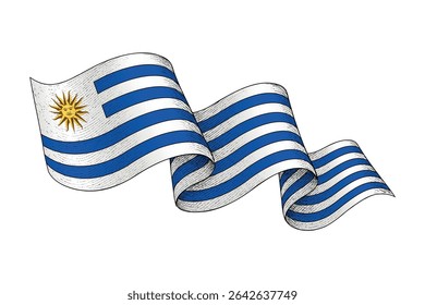 Bandeira nacional do Uruguai acenando com fita gravada vintage textura