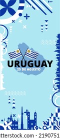 Uruguay National Independence Day Snapshot Or Story Vector Design. Uruguay Flag And Map Theme With Building Landmark Background. Abstract Geometric Retro Shapes Of Blue And White Color. 