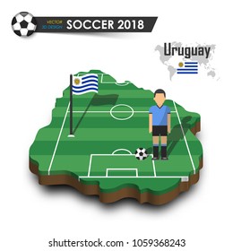 Uruguay national soccer team . Football player and flag on 3d design country map . isolated background . Vector for international world championship tournament 2018 concept .