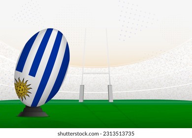 Uruguay national team rugby ball on rugby stadium and goal posts, preparing for a penalty or free kick. Vector illustration.