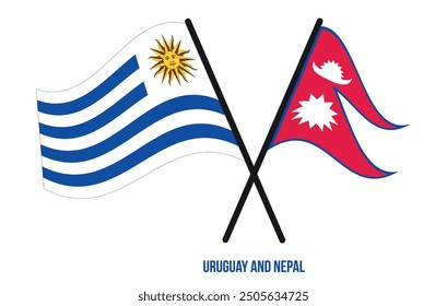 Uruguay and Nepal Flags Crossed And Waving Flat Style. Official Proportion. Correct Colors.