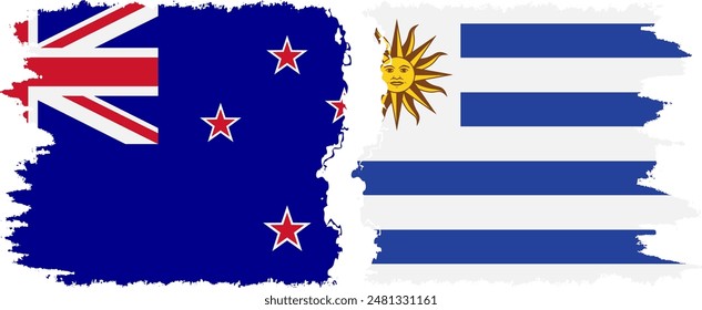 Uruguay and New Zealand grunge flags connection, vector