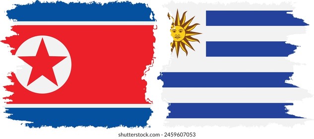 Uruguay and North Korea grunge flags connection, vector