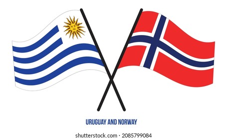 Uruguay and Norway Flags Crossed And Waving Flat Style. Official Proportion. Correct Colors.