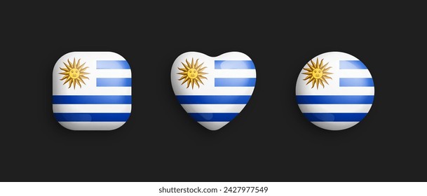 Uruguay Official National Flag 3D Vector Glossy Icons In Rounded Square, Heart And Circle Shapes Isolated On Black. Uruguayan Sign And Symbols Graphic Design Elements Volumetric Button Collection