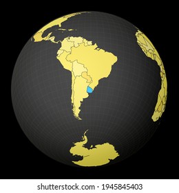 Uruguay On Dark Globe With Yellow World Map. Country Highlighted With Blue Color. Satellite World Projection Centered To Uruguay. Cool Vector Illustration.