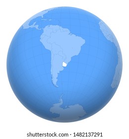 Uruguay on the globe. Earth centered at the location of the Oriental Republic of Uruguay. Map of Uruguay. Includes layer with capital cities.