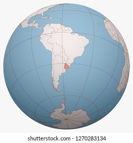 Uruguay on the globe. Earth hemisphere centered at the location of the Oriental Republic of Uruguay. Uruguay map.