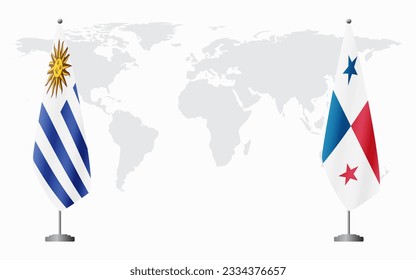Uruguay and Panama flags for official meeting against background of world map.
