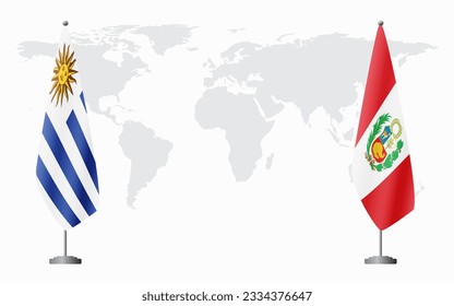 Uruguay and Peru flags for official meeting against background of world map.