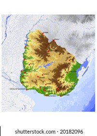 Uruguay. Physical vector map, colored according to elevation, with rivers, ocean depths and selected cities. Surrounding territory greyed out. 33 layers, fully editable. Data source: NASA