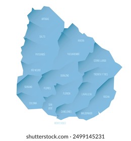 Uruguay political map of administrative divisions - departments. Shaded vector map with 3D-like blue gradient and name labels