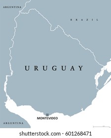 Uruguay political map with capital Montevideo, national borders and neighbors. Oriental republic and country in South America. Gray illustration isolated on white background. English labeling. Vector.