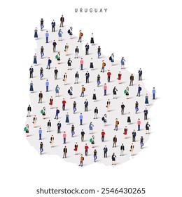 Uruguay population map. Large group of realistic a diverse crowd of people figures in a shape of Uruguayan map. Flat vector illustration isolated on white.