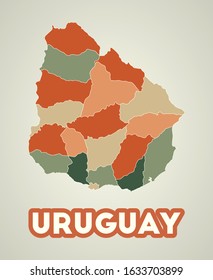 Uruguay poster in retro style. Map of the country with regions in autumn color palette. Shape of Uruguay with country name. Attractive vector illustration.