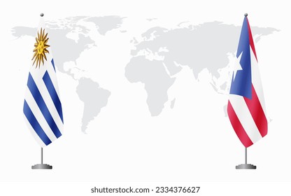 Uruguay and Puerto Rico flags for official meeting against background of world map.
