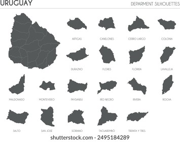 Uruguay region silhouettes set and blank map of the country isolated on white background. Vector illustration design