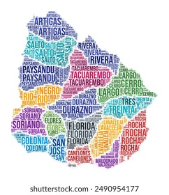 Uruguay region word cloud. Country shape design. Uruguay colored illustration. Region names collage cloud. Vector illustration.