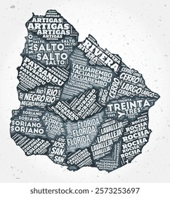 Uruguay regions word clouds. Country shape on textured background. Uruguay design in typographic style. Beautiful vector illustration.