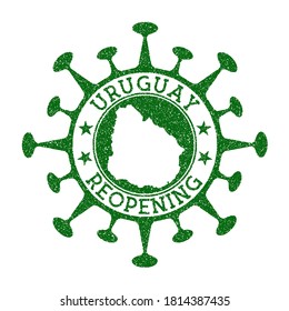 Uruguay Reopening Stamp. Green round badge of country with map of Uruguay. Country opening after lockdown. Vector illustration.