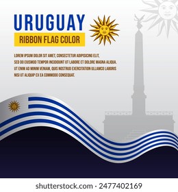 Uruguay ribbon flag with Obelisk of Las Piedras Monument silhouette and decoration