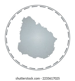 Uruguay round logo. Digital style shape of Uruguay in dotted circle with country name. Tech icon of the country with gradiented dots. Neat vector illustration.