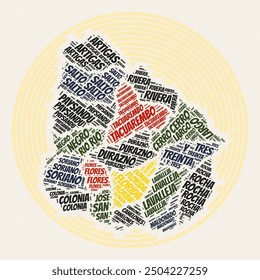 Uruguay Round Poster. Typography style image of Country. Regions word clouds of Uruguay. Vintage image design with scratch texture.