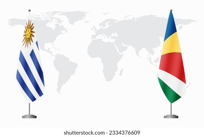 Uruguay and Seychelles flags for official meeting against background of world map.