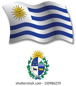 uruguay shadowed textured wavy flag and coat of arms against white background, vector art illustration, image contains transparency transparency