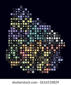 Uruguay, shape of the country built of colored cells. Digital style map of Uruguay on a dark background. Large size square blocks. Simple vector illustration.