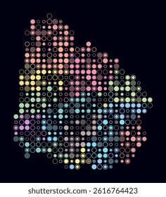Uruguay, shape of the country built of colored cells. Digital style map of Uruguay on a dark background. Large size circle blocks. Simple vector illustration.