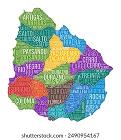 Uruguay shape. Country word cloud with region division. Uruguay colored illustration. Region names cloud. Vector illustration.