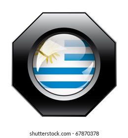 Uruguay shiny button flag with black frame -  vector illustration. Isolated abstract object against white background.