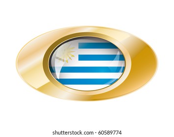 Uruguay shiny button flag with golden ring vector illustration. Isolated abstract object against white background.