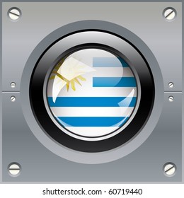 Uruguay shiny button flag vector illustration. Isolated abstract object on metal background.