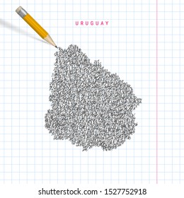 Uruguay sketch scribble map drawn on checkered school notebook paper background. Hand drawn vector map of Uruguay. Realistic 3D pencil.
