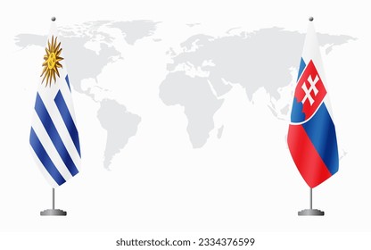 Uruguay and Slovakia flags for official meeting against background of world map.